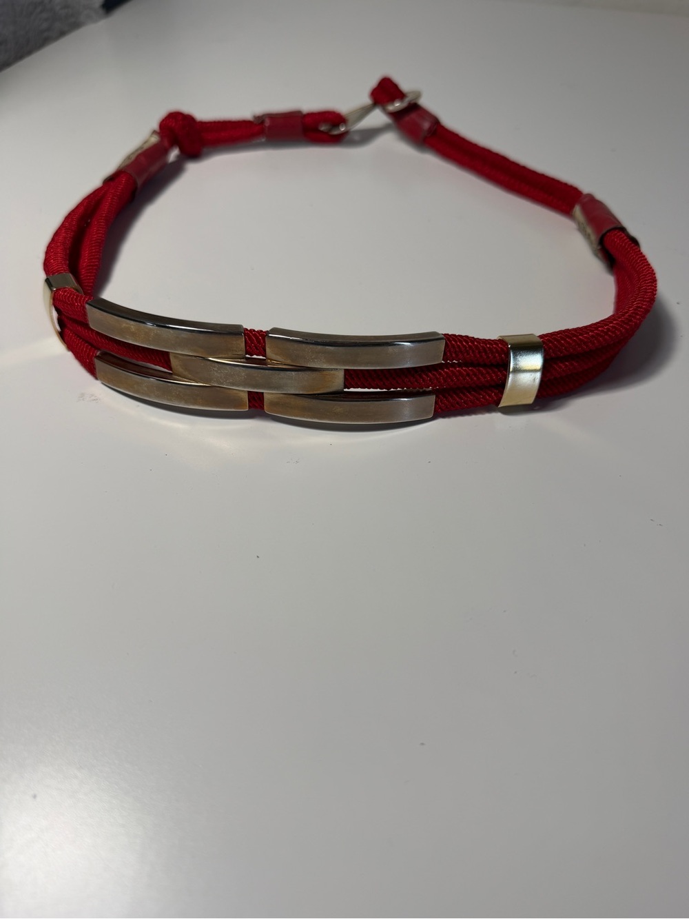 Vintage The Leather Shop Red Rope belt with Leather and metal accents. 29”